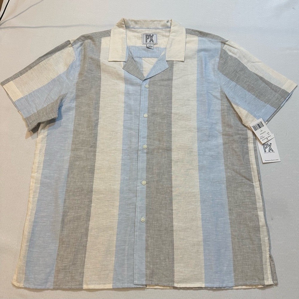 NWT PX Clothing Co Linen Blend Camp Shirt Blue Stripe Men’s Large